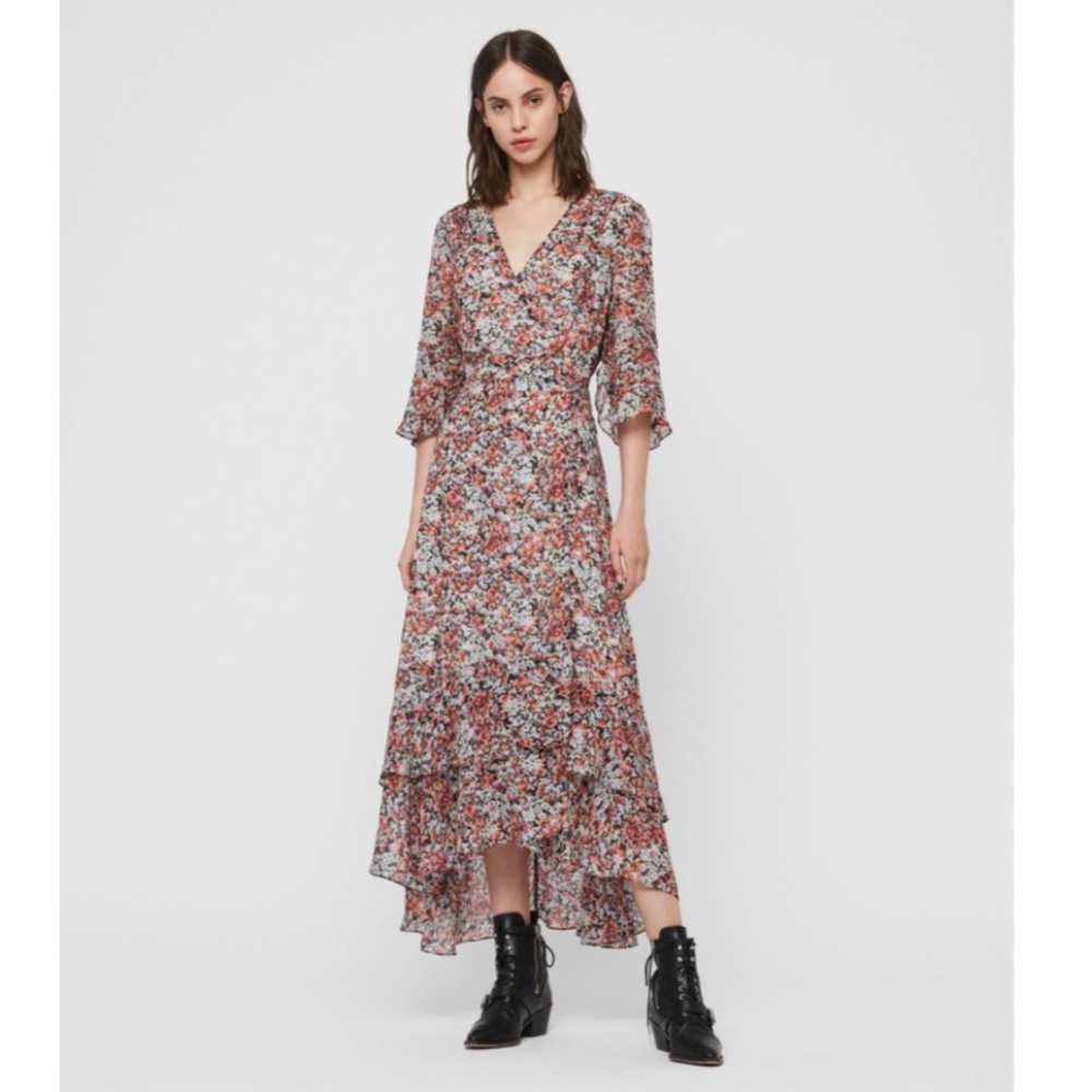 All Saints floral ruffle wrap maxi dress